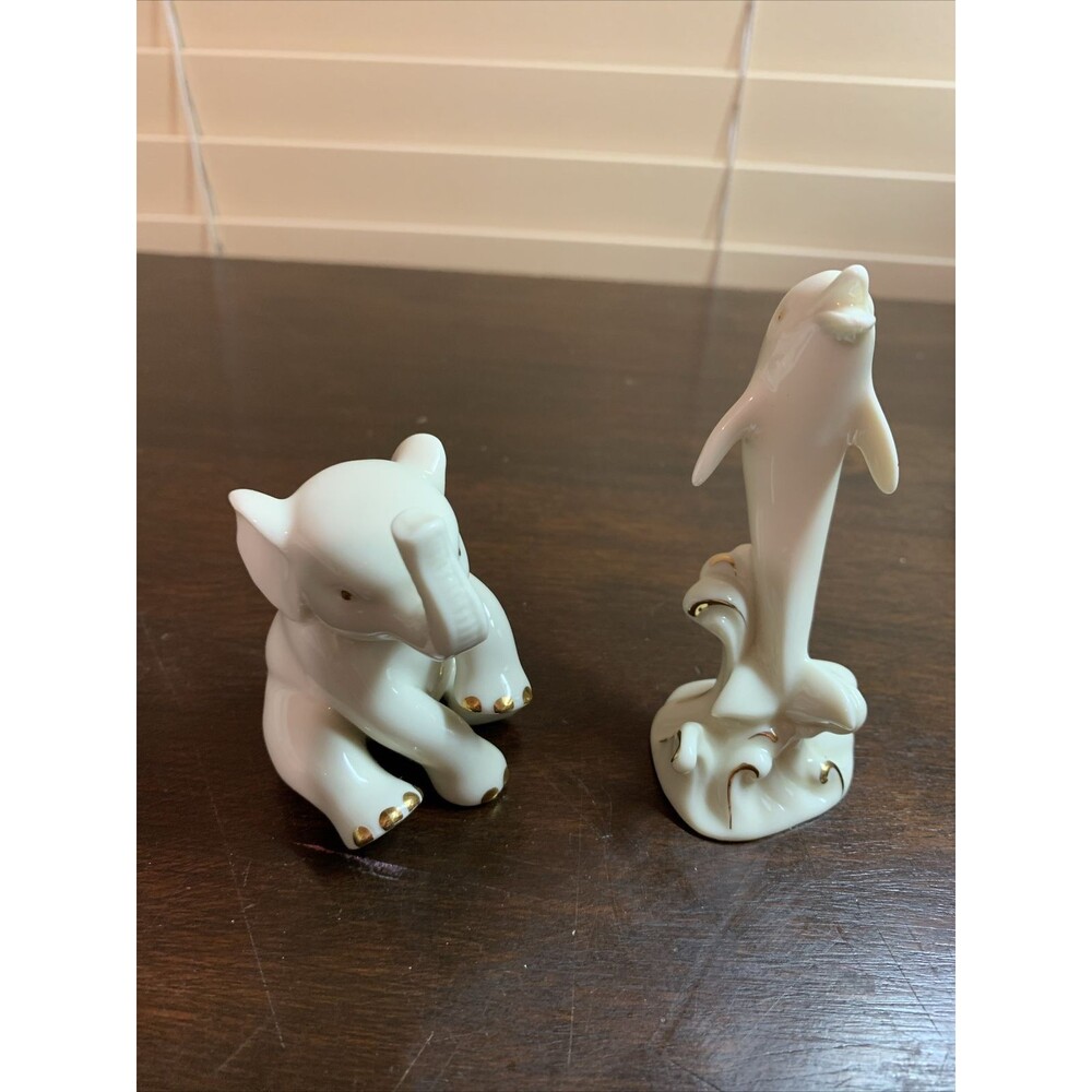 Vintage LENOX Elephant And Dolphin Figurines 24 K Gold Trim